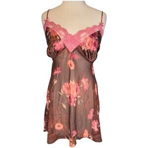 Y2K Linea Donatella Floral Lace Slip Dress L Pink Brown Sheer Babydoll coquette